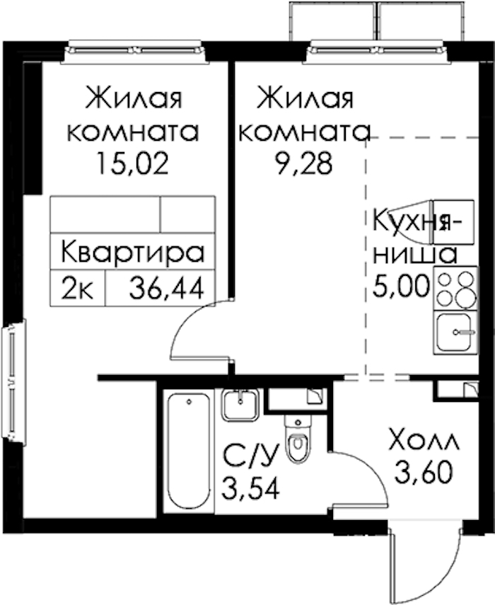1-комнатная квартира 36.44 м², 6/15 эт., ЖК «Янинский лес»